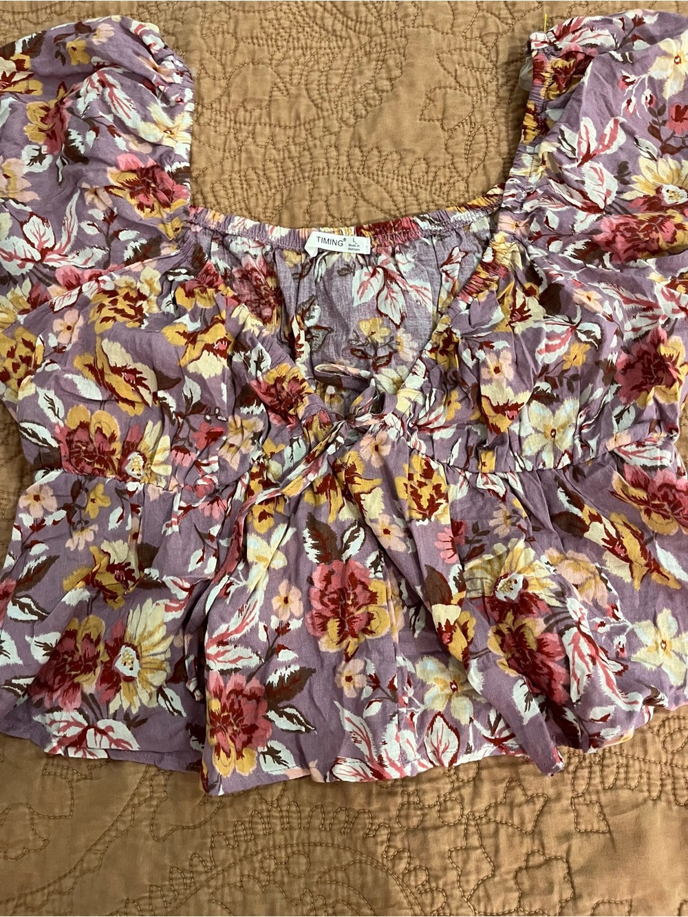 Floral Peasant Top in Lavender Crop Babydoll Peplum Y2K Tie Front Puff Sleeve - Picture 3 of 9